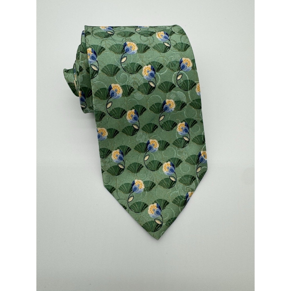 Ermenegildo Zegna Silk Tie Green Floral Fan Pattern Italy Designer Luxury Tie